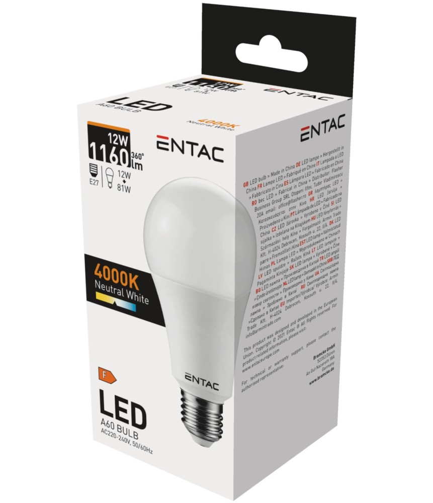 ENTAC A60 LED izzó, 12W, E27 foglalat, 4000K természetes fehér fény, gömb alakú ENTAC A60 LED izzó, 12W, E27 foglalat, 4000K természetes fehér fény, gömb alakú