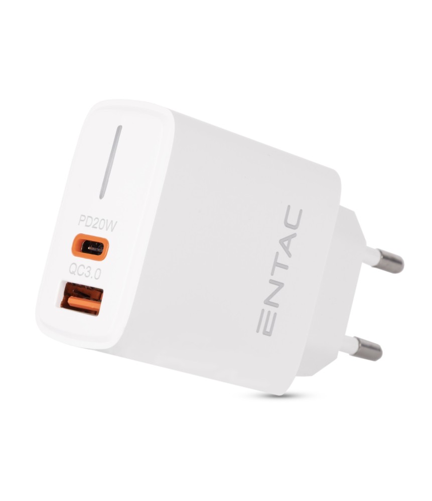 Entac Hálózati gyorstöltő PD & QC, USB + USB-C, 20W, fehér
